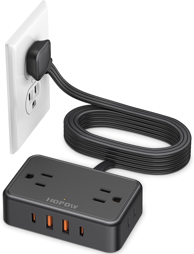 HOPOW Flat Plug Extension Cord, 6 Ft Ultra Thin Power Strip, 4 AC Wide Spaced outlets and 4 USB (2 USB-C) Ports, No Surge Protector for Cruise Ship, Travel, Dorm Room Essentials (Black)