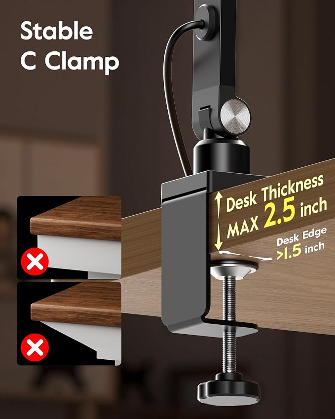 LED Desk Lamp for Home Office with C- Clamp | Swing Arm, Memory, Timer, 30 Dimmable Modes, Computer Light for Video Calls, Zoom Meeting, Conference, Streaming, Podcasting