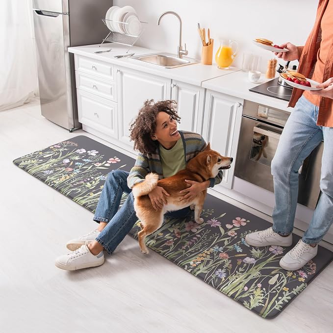 KIMODE Anti Fatigue Kitchen Mat for Floor, Farmhouse Kitchen Runner Rug | Non Slip Cushioned Kitchen Mat for Floor,Memory Foam Kitchen Mat for Laundry,Office,Sink,Dormitory Dark Gray Purple 17.3"x59"