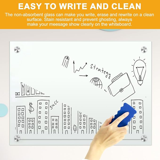 H-Qprobd Dry Erase White Board for Wall 72"x40" Magnetic Glass Frameless Whiteboard Mount for Home School Supplies or Home Office Decor, Includes 8 Magnets, 8 Markers and 2 Erasers