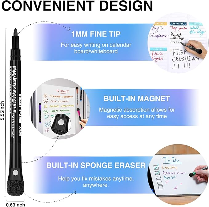 Magnetic Dry Erase Markers Fine: 12 Colors Erasable Whiteboard Markers Fine Point with Eraser Cap, Low Odor White Board Dry Erase Pens Fine Tip for Kids & Teachers, Home, Office and School Supplies