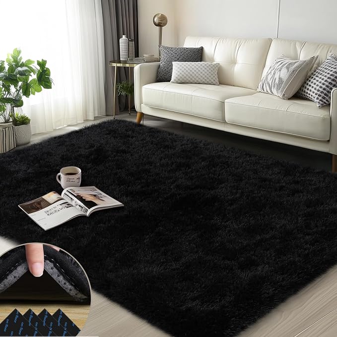 Black Rugs for Bedroom, 3x5 Feet Fluffy Area Rugs for Living Room, Soft Shag Kids Rug Small Carpet for Nursery, Bedside, Indoor, Dorm Decor