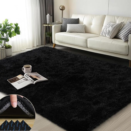 Black Rugs for Bedroom, 3x5 Feet Fluffy Area Rugs for Living Room, Soft Shag Kids Rug Small Carpet for Nursery, Bedside, Indoor, Dorm Decor