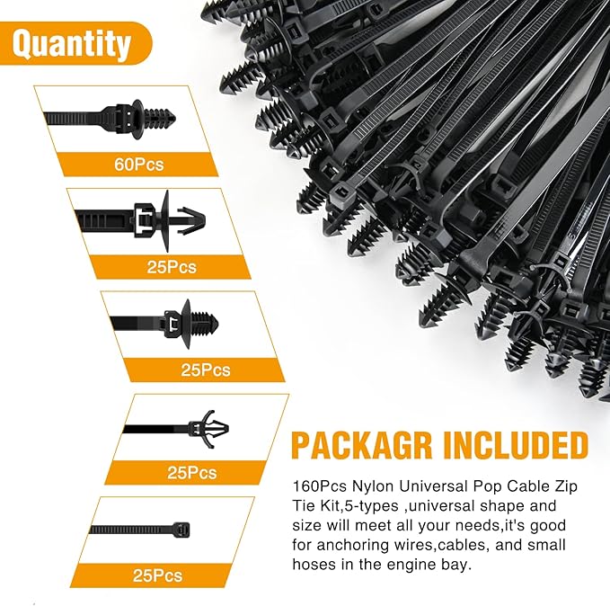 GOOACC Push Mount Cable Zip Ties Heavy Duty Nylon 5 Popular Sizes | Self-Locking Cable Tie Assortment for Indoor Outdoor Construction and Automotive Wiring 160 PCS