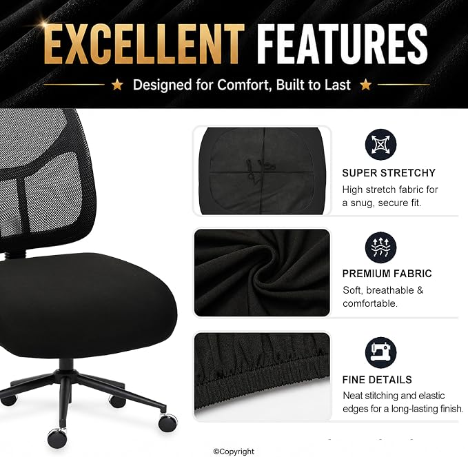 DIVA EN CAMINO DEC Water-Resistant Stretchable Desk Office Chair Seat Cushion Covers - Universal Spandex Computer Chair Slipcover - Removable Washable Cushion Protectors for Dogs, Cats, Black