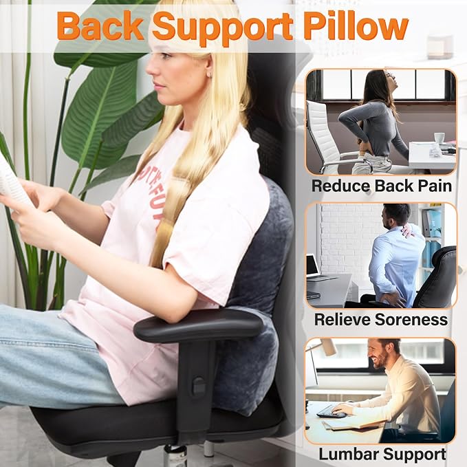 1 MIDDLE ONE Back Pillow for Chair, Memory Foam Lumbar Pillow for Back Support, Back Rest Cushion for Office, Sofa, Couch Sitting, Recliner, Bed and Lower Back Pain (Grey)