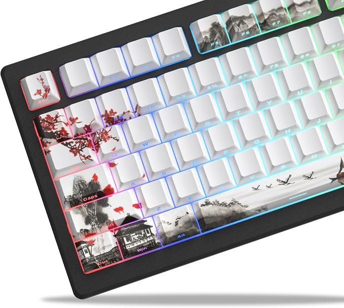Womier PBT Keycaps Set 130 Keys, Custom White Japanese Keyboard Doubleshot Dye Sub Side Print Shine Through Keycaps 60 65 75 100 Percent, Cherry Profile, Cherry Blossom