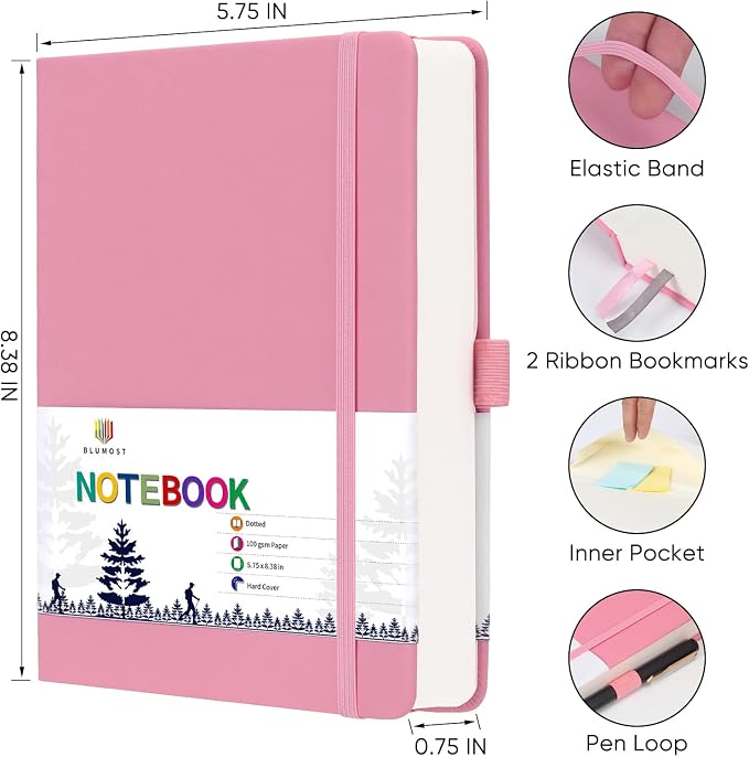 Bullet Dotted Journal Notebook - A5 Dot Grid Notebook with 280 Pages,100gsm Thick Paper,Leather Hardcover Journal for Women Men,5.75'' × 8.38''-Pink