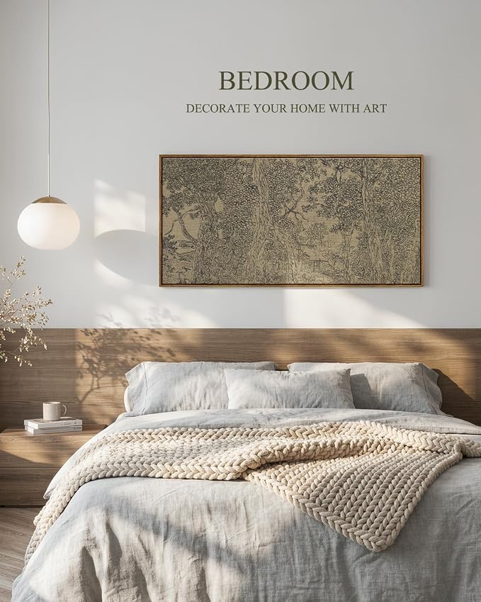 InSimSea Extra Large Framed Vintage Wall Art, Living Room Country Farmhouse Decor, Rustic Forest Sketch Landscape Canvas Prints, Retro Trees Long Picture for Bedroom Above of Bed, 20x40inch