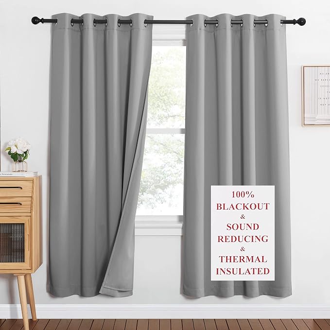 NICETOWN Silver Grey Noise Insulation Curtain Panels, Energy Smart & 100% Blackout Drapes for Dining Room Window, Thermal Insulated Guest Room Lined Window Dressing(2 PCs, 52 x 72 inch)