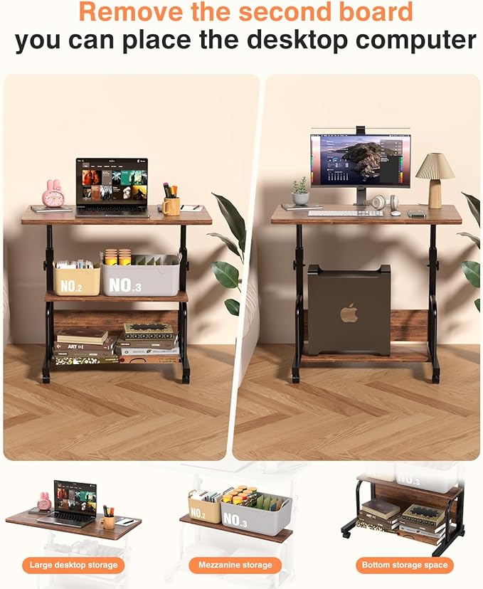 Laptop Desk Adjustable Desk Small Standing Desk Home Office Desks for Small Spaces Portable Desks Table for Bedrooms,Mobile Rolling Computer Work Desks on Wheels
