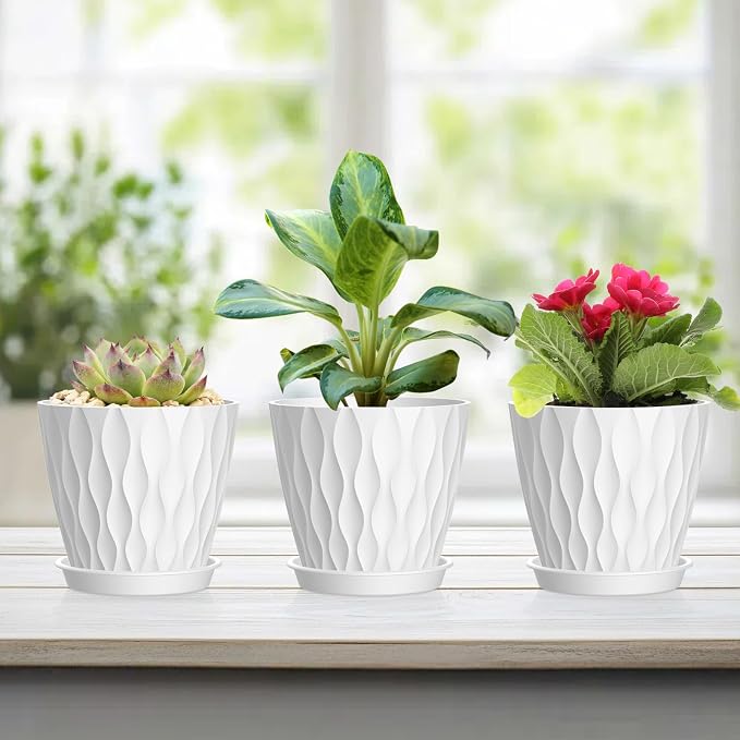 UOUZ 12 Pack 4 Inch Small Plant Pots with Saucers, Waffle Texture Plastic Planters with Drainage Holes for Indoor and Outdoor Plants, Flowers, Herbs, Succulents, and Seedlings, White