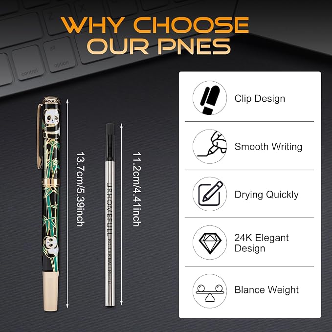 24K Gold Luxury Rollerball Pens for Men Women, Smooth Writing Premium Office Pens for Business, Panda Design Executive Gift for Boss Birthday Anniversary (Black)