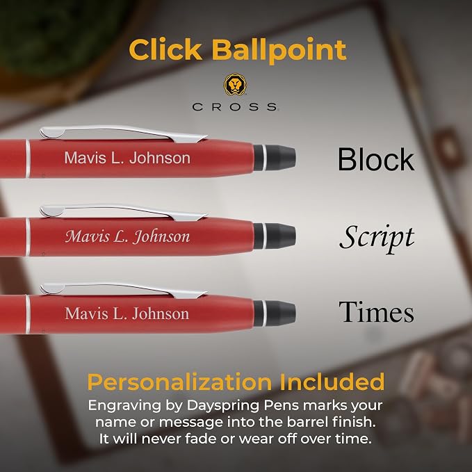 Cross Click Engraved Ballpoint Pen, Crimson Red with Chrome Trim, Silver Engraving on Cap, Slender Barrel, Gift for Graduation, Career Advancement, Bar Mitzvah, Birthday, Cross Gift Box