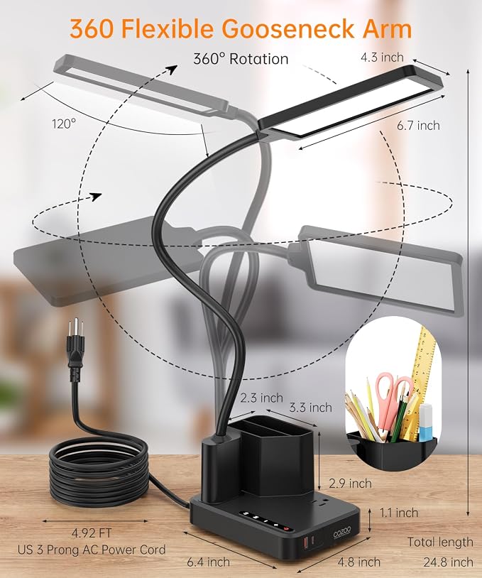 LED Desk Lamp with Charger, USB-C/USB-A & AC Outlet, Dimmable Desk Light & Table Lamp with Pen Holder, 3 Color Modes, Small Desk Lamp for Home Office, Bedroom, College Dorm Essentials,Reading,Crafts