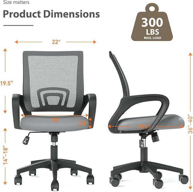 OS MOTOR Ergonomic Mid-Back Mesh Office Chair (Light Gray, 2 Pack) | Lumbar Support, Adjustable Height, Swivel Rolling Design, Comfy Armrest, Home, Office, Work, Study, Gaming, Vanity
