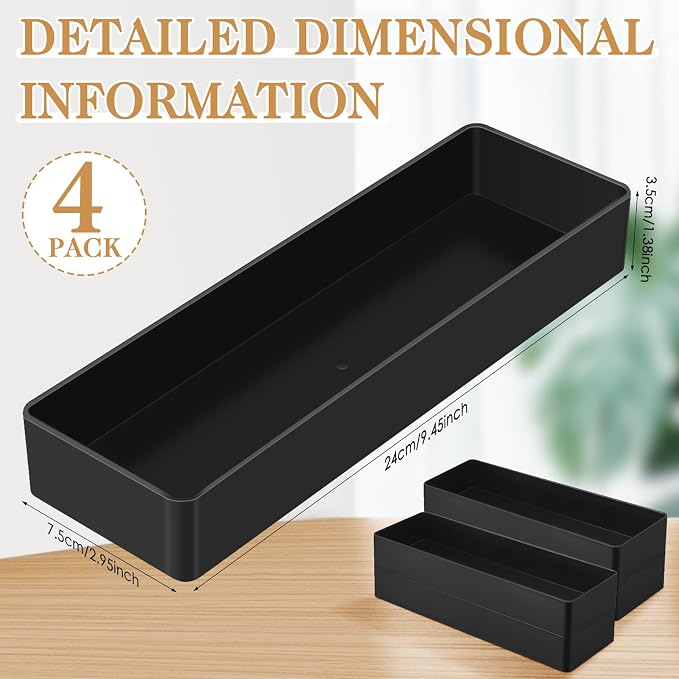 Teling 4 Pcs Black Plastic Desk Organizer Tray Shallow Drawer Pencil Tray Tabletop Organizer for Office, Home, or Study 9.45x2.95x1.38 Inch