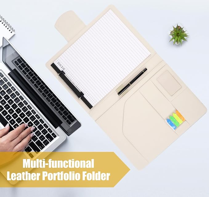 Leather Document Clip Board DIN A4, All-in-One Business Conference Folder Organizer with Magnetic Cover, Sticky Tabs, Pen, Work Folio for Women & Man, Beige