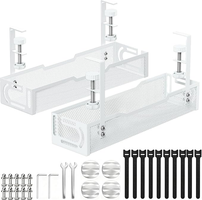 2Pack Under Desk Cable Management Tray, No Drill Mesh Desk Cable Tray | Wire Management Tray Cable Management Rack, Cord Organizer and Cable Management Box (White)