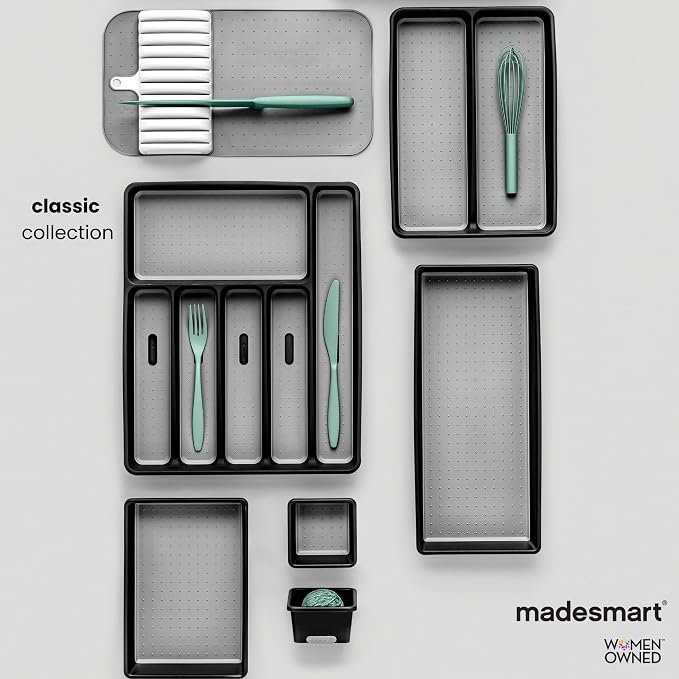 madesmart Classic 4 Compartment Drawer Organizer, Granite | non slip feet, rounded corners, soft grip base, open sections, cords tech accessories, office craft supplies, woman owned