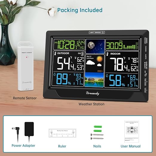 DreamSky Weather Station Indoor Outdoor Thermometer Wireless, Atomic Clock | Digital Large Display with Backlight Dimmer, USB Port, Inside Outside Temperature Humidity Monitor for Home (Plug-in)