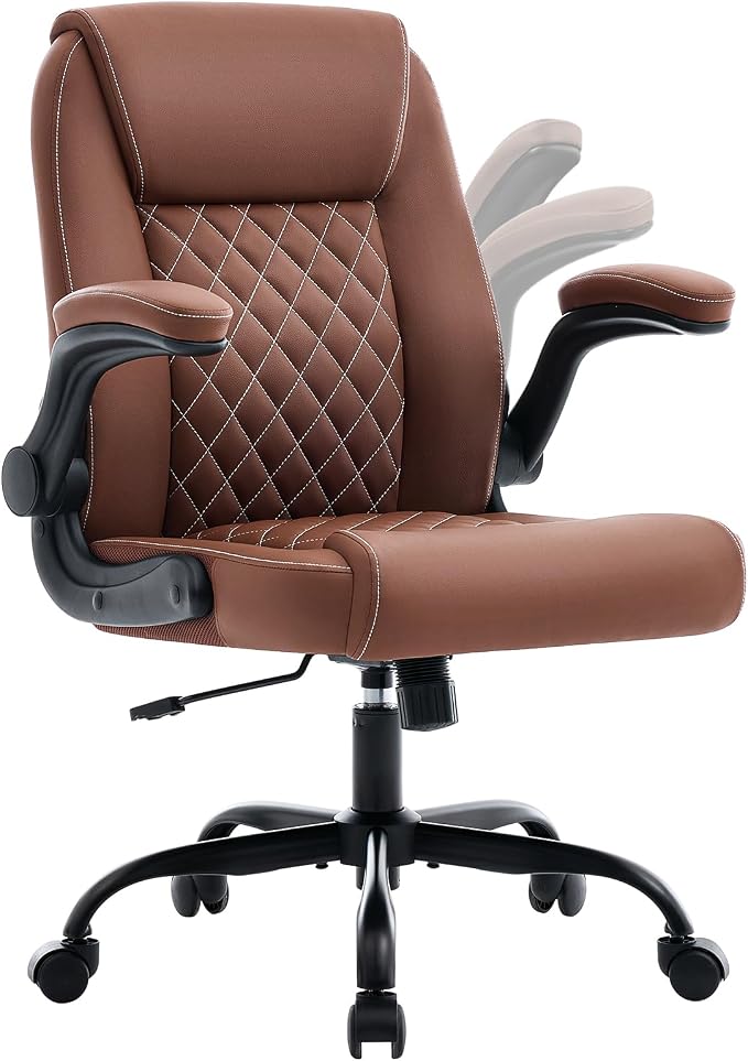 Leather Office Chair, 300lbs Heavy Duty Mid-Back Desk Chairs with Flip-up Armrests, Space-Saving Swivel Task Chair with Wheels, Adjustable Height and Ergonomic Back Support, Brown