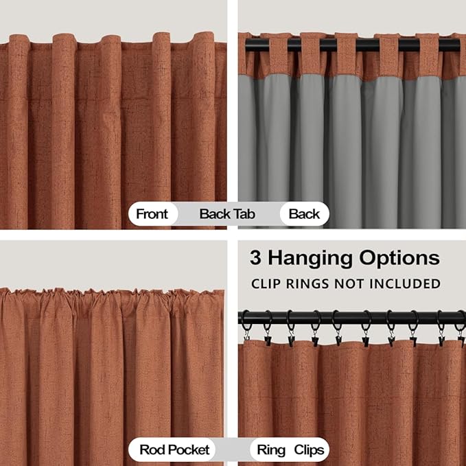 KOUFALL Fall Curtains for Kitchen Window Over Sink,Terracotta Rust Short Blackout Linen Boho Farmhouse Retro Vintage Curtains for Bedroom 45 Inches Long