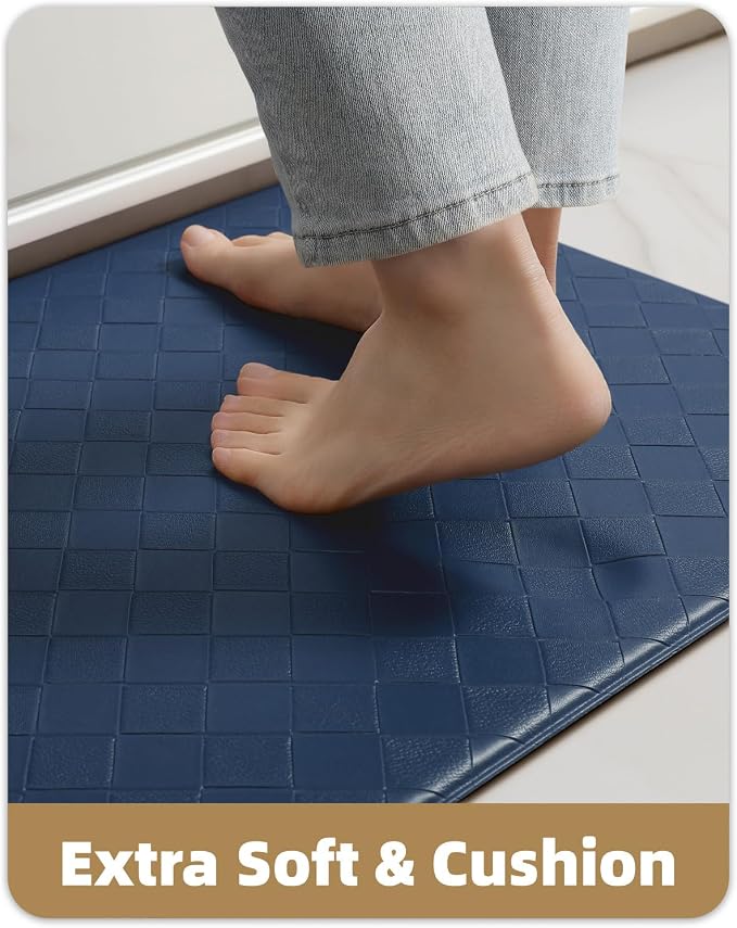 Color&Geometry Checkered Narrow Kitchen Floor Mat Anti Fatigue 17x47, Blue | Waterproof & Oil Proof, Easy Clean PVC Kitchen Rug For Busy Family, 0.4in Thick Cushion For Long Standing, Non Slip