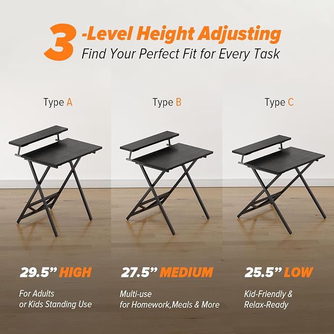 WOHOMO Folding Computer Desk with Adjustable Height, 23.6" x 31.5" x 25.6" Foldable Table with Monitor Stand, Small Office Desk for Bedroom, Space Saving Desk for Home Office, Easy Assemble, Black