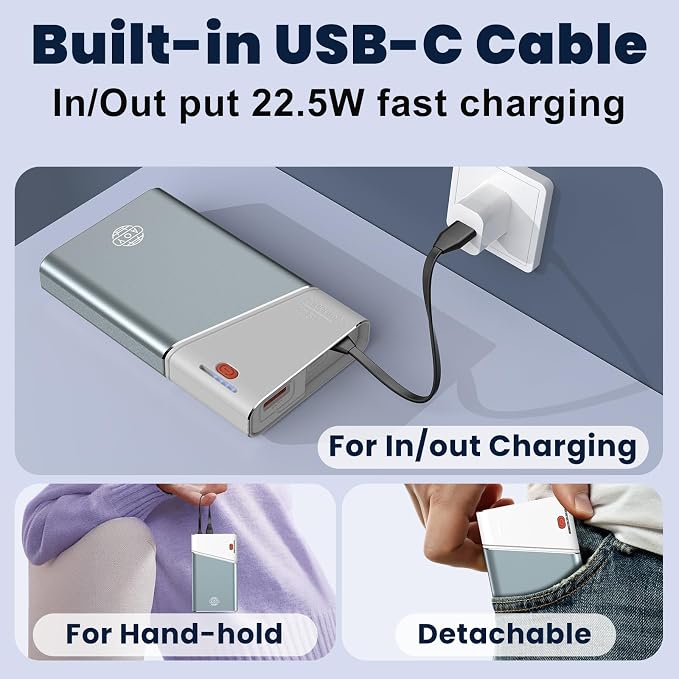 Aaoyun Portable Charger Power Bank, 20000mAh 22.5W PD Fast Charging Powerbank with Built-in USB C Cable, External Phone Battery Pack for iPhone 17/16/15 Samsung S24 Android etc