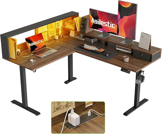 Agilestic L-Shaped Electric Standing Desk, 63x55 Inch Ergonomic Adjustable Height Desk with Storage, Stand Up Corner Desk Sit Stand Computer Table Power Outlet & LED Lights, Office Table, Dark Walnut