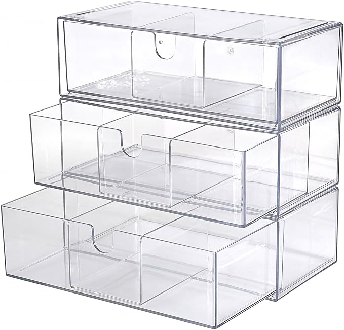 Acrylic Pencil Drawer with Removable Dividers Clear Pull Out Pen Drawer Organizer Stackable Bathroom Organizer for Makeup, Cosmetics, Office Supplies,3 Pack