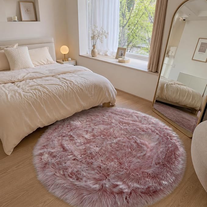 EasyJoy Faux Sheepskin Rug, Fluffy Faux Fur Rug, Ultra Soft Shag Area Rug with Non-Slip Backing for Bedroom, Living Room, Nursery, Kids Room(4 x 4 ft Round, Frosted Bottom Pink)