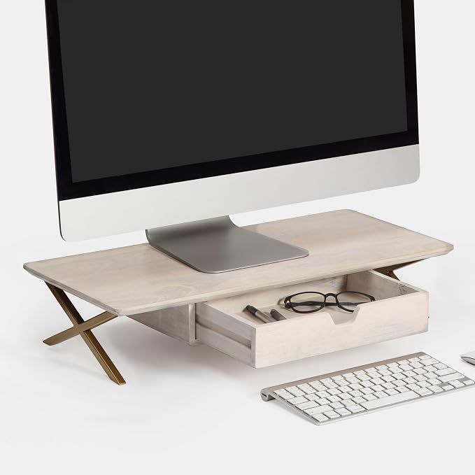 Anji Mountain Monitor Stand - Desktop Organizer & Laptop Riser, Ergonomic Monitor Riser, Space-Saving Monitor Stand for Desk, Durable Construction, Easy Assembly, Ideal for Home & Office,White Wash