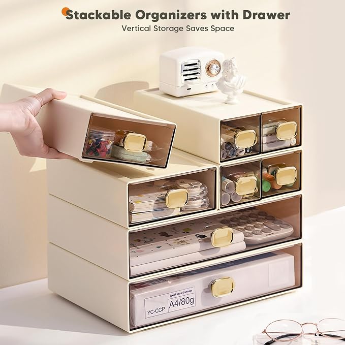 2PACK Stackable Desktop Storage Organizer Plastic Desk Organizer with Drawer Stacking Drawer for Home, Makeup, Vanity, Garage,Office, and Small Organization(M - 2 Drawer, Cream White)