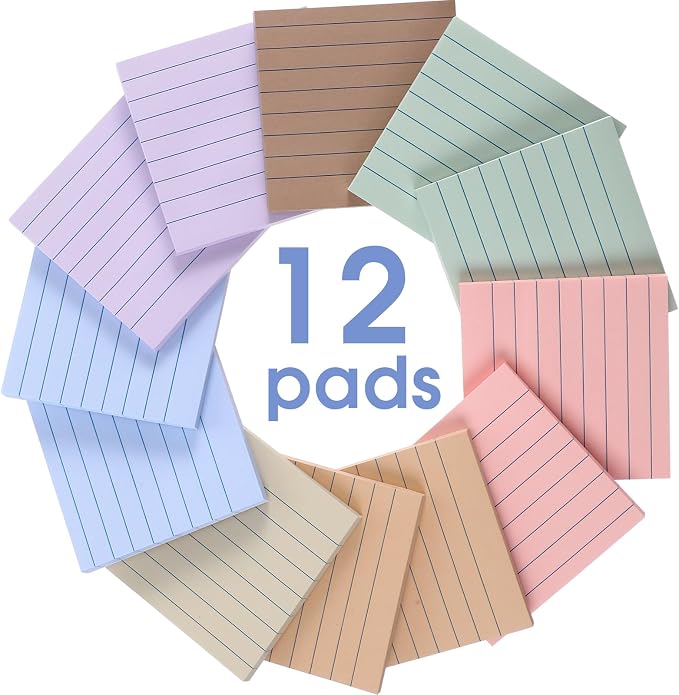 AmazingSpark 12 Pack Lined Sticky Notes 3x3 inch Post Ruled Stickies Super Self Stick Power Memo Pads Multi Colors Notes Pads Vintage Aesthetic School Office Supplies Accessories(Morandi)
