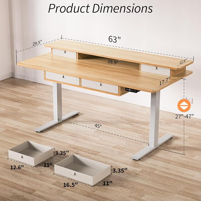 Kingant Electric Standing Desk with 4 Drawers,USB Charging Ports 63"x 30" | Ergonomic Height Adjustable Large Workstation, Heavy-Duty Sit Stand Up Desk For Home Office Daily Work,Nature
