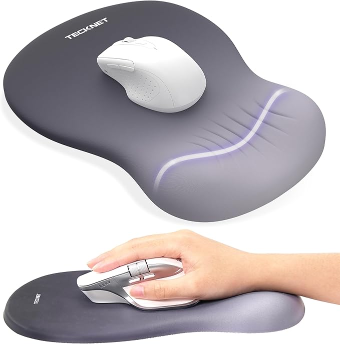 TECKNET Ergonomic Mouse Pad with Wrist Rest, Memory Foam Mousepad with Wrist Support, Smooth Surface, Middle Concave & Non-Slip Base for Laptop/PC, Pain Relief for Home Office Gaming, Gray