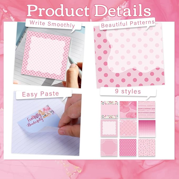 Aesthetic Sticky Notes Gifts, 9 Pack Pink Floral Aesthetic Notepads 3x3 Inch Gifts for Coworkers Students, Pink Memo Pads Office School Supplies for Men Women (450 Sheets)