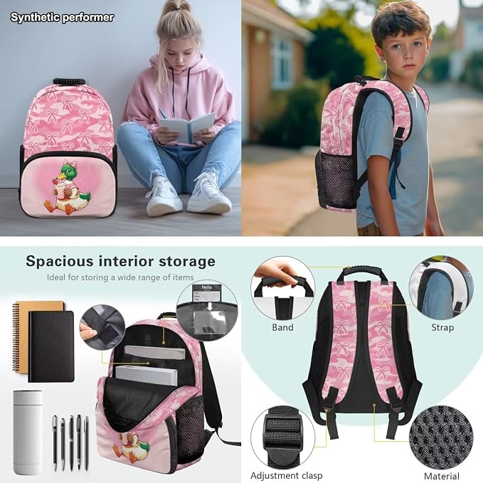 Duck Hunter Girls School Backpack Set 4 PCS, 17 Inch Pink Bow Camo Bookbag with Insulated Lunch Bag for Kids Ages 6-8 Elementary Back to School Supplies