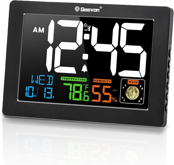 Geevon Atomic Clock 5.9" Color Display with Temp & Humidity | Digital Wall Clock Self-Setting,Moon Phase,Battery or DC Adapter Powered,Large Display for Bedroom Living Room Office
