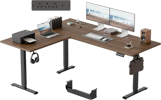 Agilestic Electric L Shaped Standing Desk 63 x 55 Inch with Power Outlet, Height Adjustable Corner Stand up Desk with Cable Management,Sit Stand Home Office Workstation with Splice Board, Dark Walnut