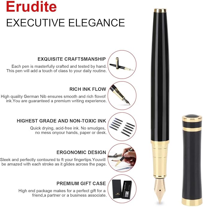 Cheericome Luxury Fountain Pen Set for Men & Women - Ink Pen for Smooth Writing - Fountain Pen Fine Nib，Includes 10 Ink Cartridges and Ink Refill Converter - Black
