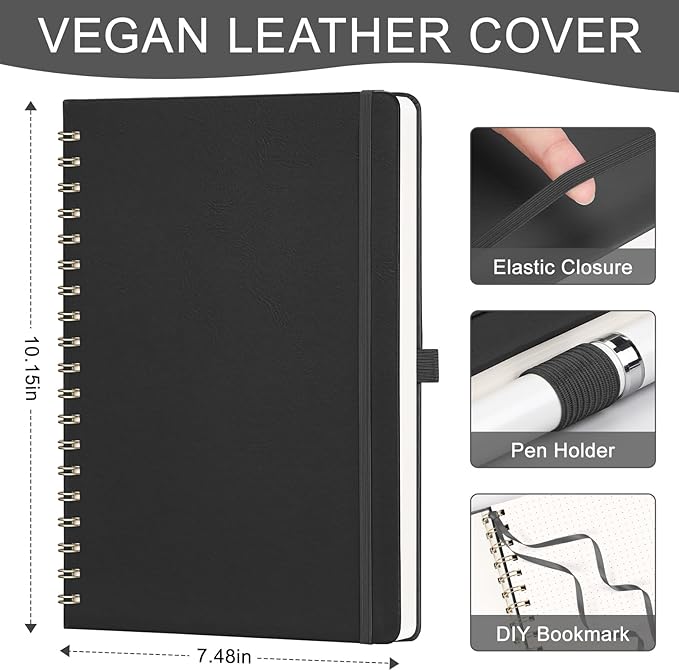 AHGXG HGXG Dotted Journal Spiral Notebook, Large B5 Dotted Notebook 140 Pages, Leather Hardcover, 100 GSM Thick Dot Grid Paper, Inner Pocket, for Dotted Journaling, 7.6" x 10", Black