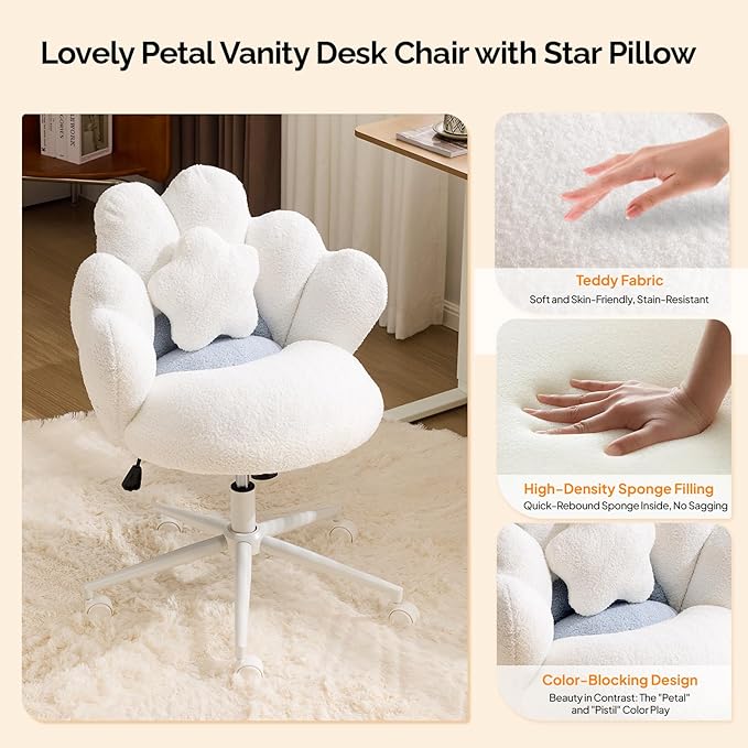 VINGLI Lovely Petal Vanity Desk Chair with Star Pillow, Height Adjustable Armless Swivel Chair in Vibrant Color-Blocking, Modern Computer Task Chair for Bedroom & Home Office, Teddy Fleece,White