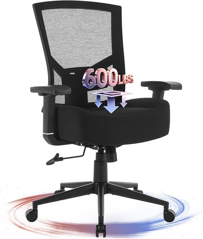 Big and Tall Office Chair 600lbs with Lumbar Support for Eight Hour Daily Work Ergonomic Mesh Desk Chair Widen 3D Cushion for Reading, Gaming