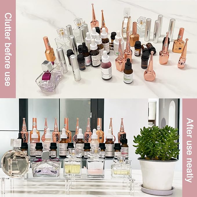 Acrylic Riser Display Shelf, 3 Tier Acrylic Shelves for Figures, 15.8 Inch | Large Clear Perfume Organizer, Display Stand for Funko Pop Amiibo Figures, Shelf Risers for Cupcake and Collectibles, 1 Pack