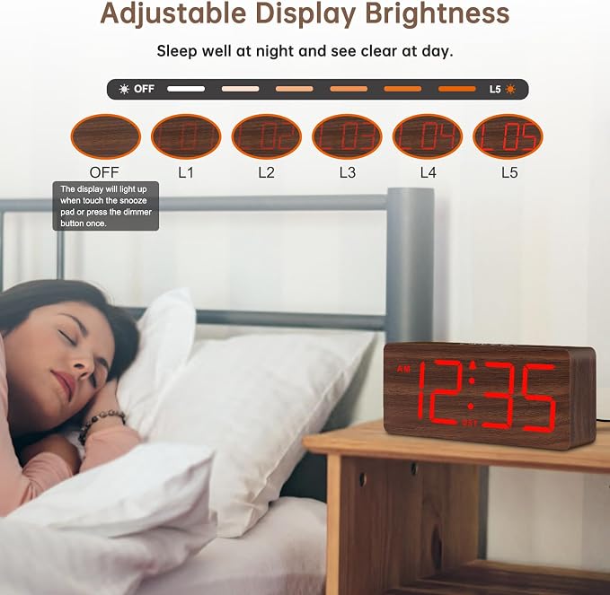 DreamSky Wooden Digital Alarm Clock for Bedroom with Large Numbers | Desk Clocks for Living Room, Office, Dimmer, Loud Alarm for Heavy Sleepers with Volume Control, DST, Wood Decor (Plug-in)