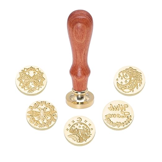 SWANGSA Wax Seal Stamp Set, Vintage 6 Pieces Sealing Wax Stamp Heads and 1 Wooden Handle for Wedding Party Invitations, Letters, Envelopes, Christmas (with Love Bee Moon Eucalyptus Set)