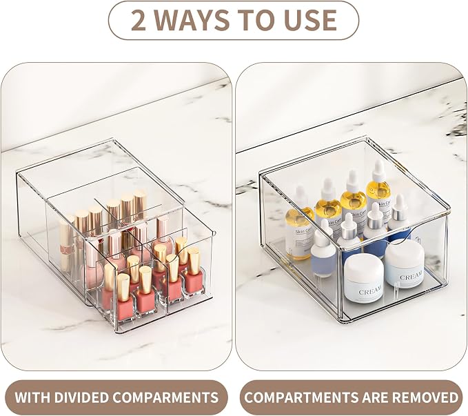 4 Pack Clear Tea Bag Organizers with Adjustable Dividers, Stackable Tea Drawer Organizer Box for Pantry, Coffee Bar, Kitchen Cabinet, Acrylic Food Storage Bins for Snacks, Sugar & Spice Packets
